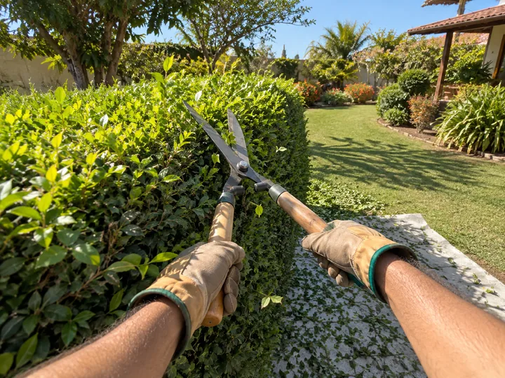 Gloved hands trimming a hedge with long shears in a sunny garden