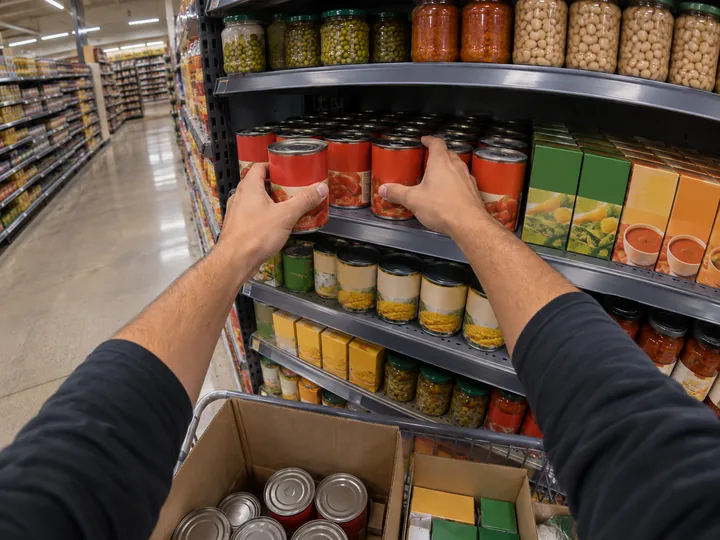 Hands placing cans on a supermarket shelf from a restocking box