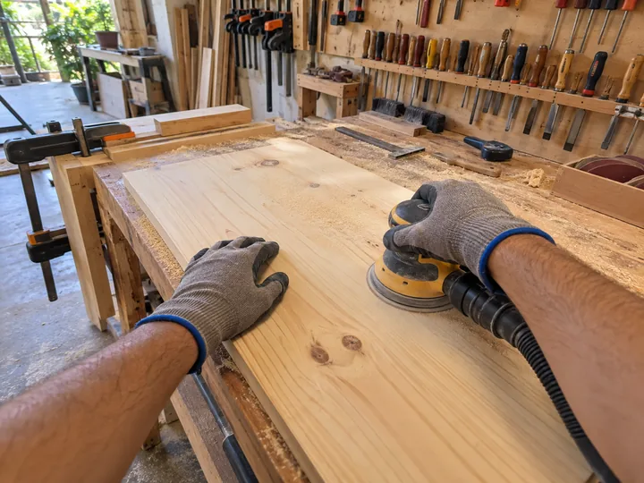 Gloved hands running an orbital sander over a pine board on a workbench