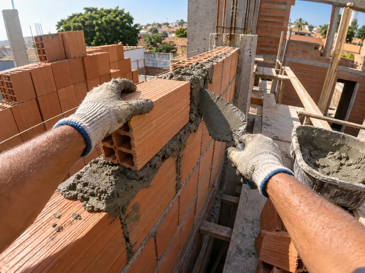 Gloved hands laying a ceramic brick on mortar with a trowel