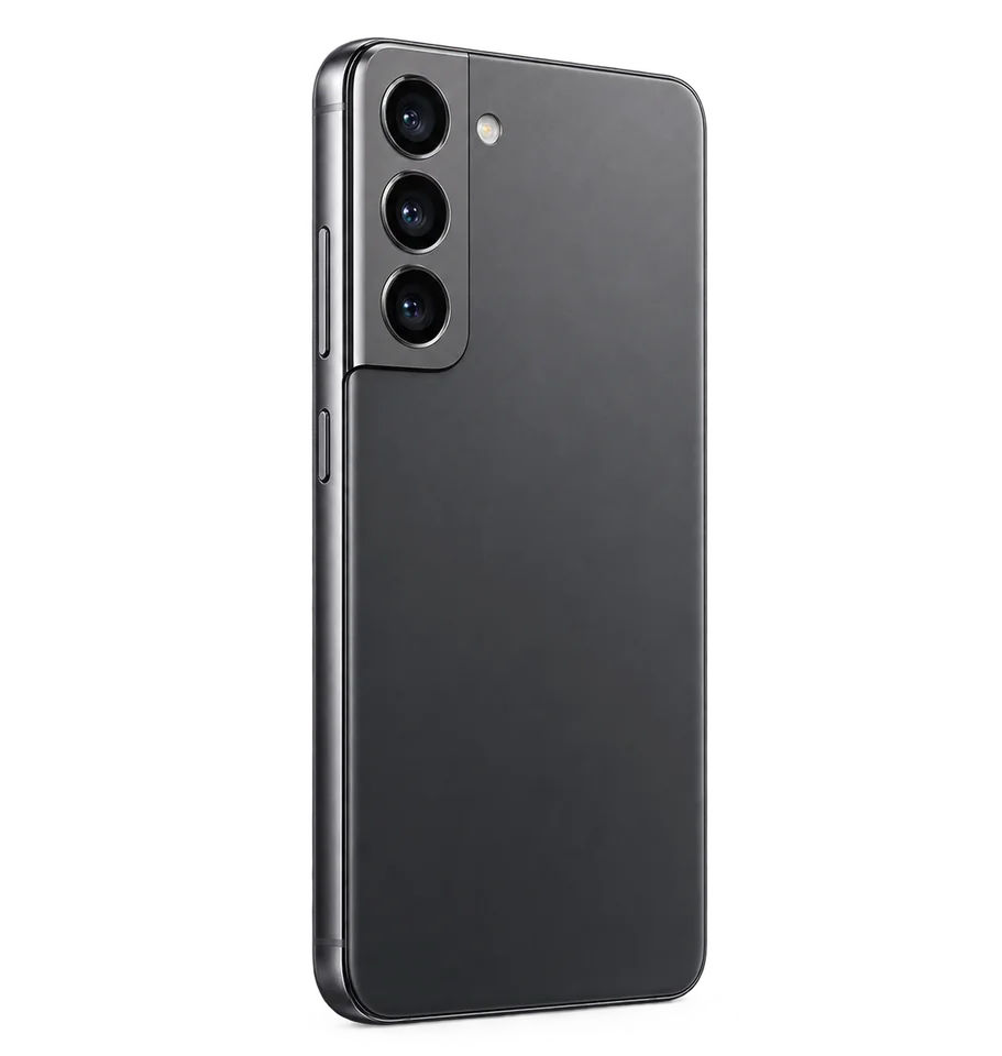 Black phone seen from the back, with its three cameras
