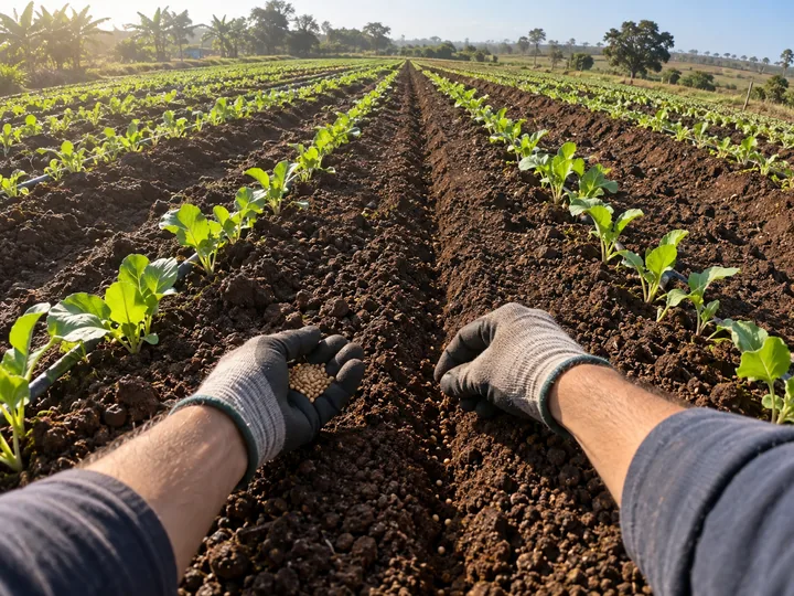 Gloved hands sowing seeds in a furrow, seedlings ahead