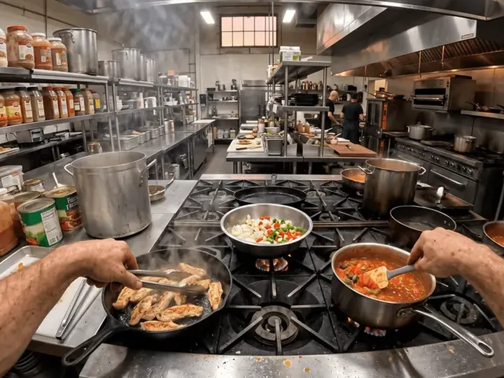 Hands stirring pans on a kitchen stove