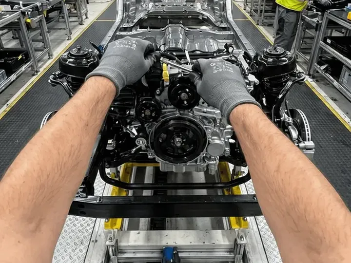 Gloved hands assembling an engine on the line